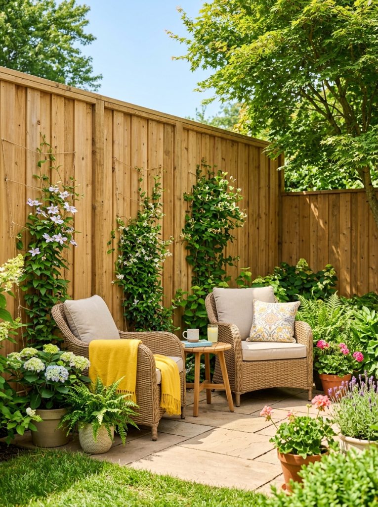 Beautiful cheap privacy fence creating complete backyard privacy with climbing plants in cheerful sunny outdoor space Pin
