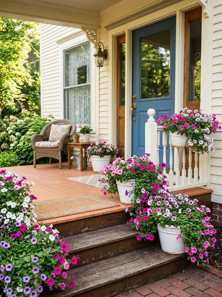White flower pots overflowing with cascading pink purple petunias on front porch