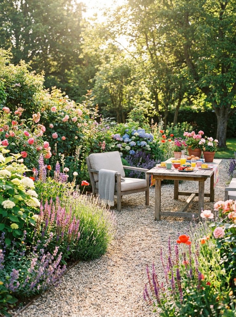 Beautiful pea gravel patio surrounded by lush colorful flowering garden borders in bright sunny yard
