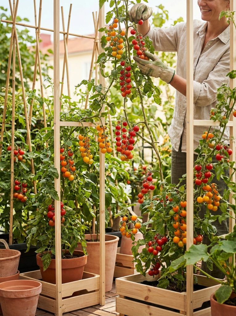 Productive cherry tomato trellis with bamboo stakes supporting cherry tomato plants covered in red yellow orange fruit clusters