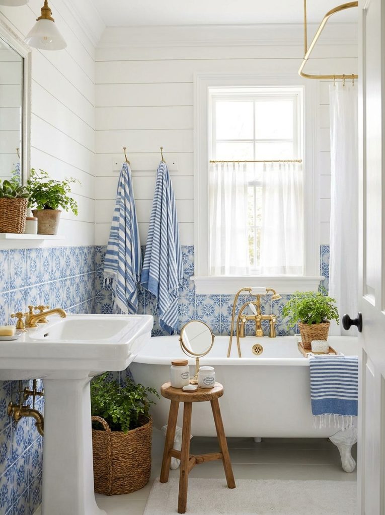  Chic blue and white french cottage bathroom with sophisticated tile painted walls white fixtures and elegant cottage accessories