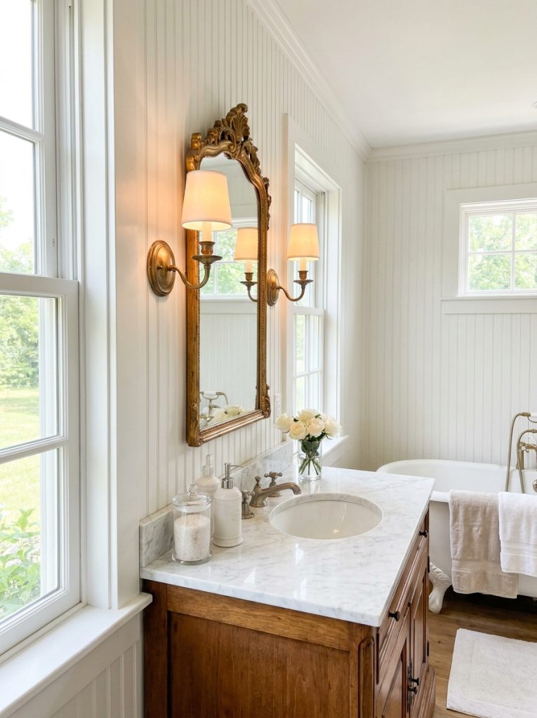 Chic elegant french cottage bathroom with marble countertop refined accessories beautiful mirror and elegant light fixtures
