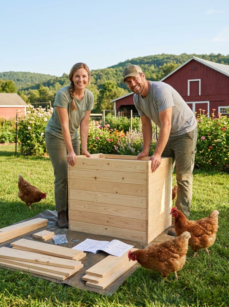 Neat chicken coop kit being assembled in sunny backyard with pre-cut wooden pieces