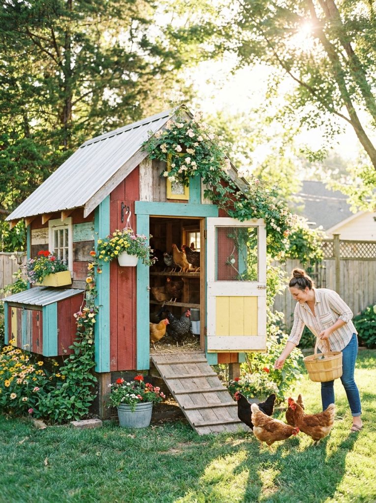 Charming DIY chicken coop built from recycled secondhand wood with chickens inside in sunny backyard