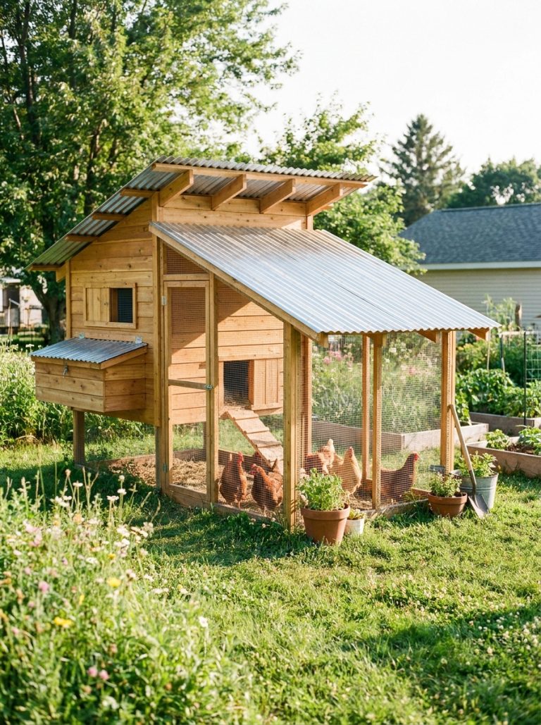 Beautiful easy DIY chicken coop with wire run and nesting boxes in sunny green backyard