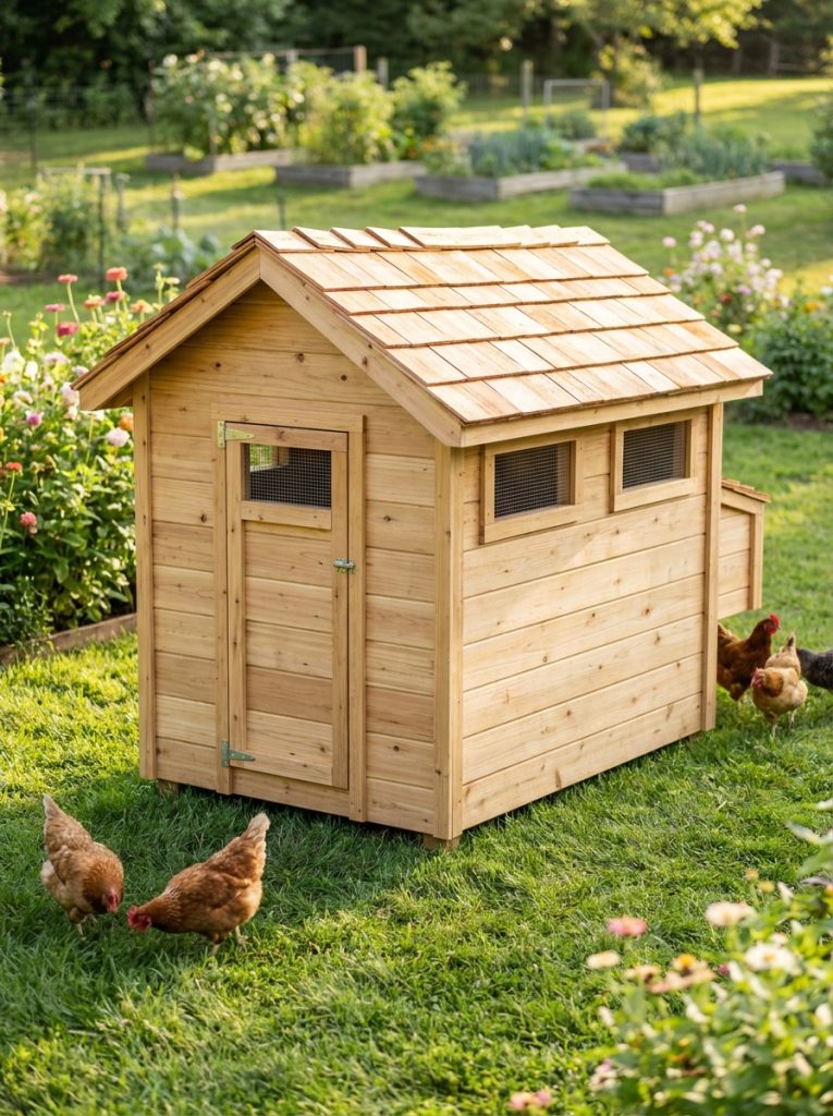  Simple neat 4x8 wooden chicken coop with pitched roof in sunny green backyard