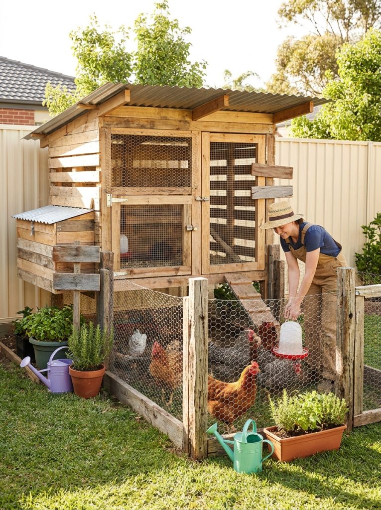  Simple cheap DIY chicken coop from basic timber with chicken run in sunny backyard