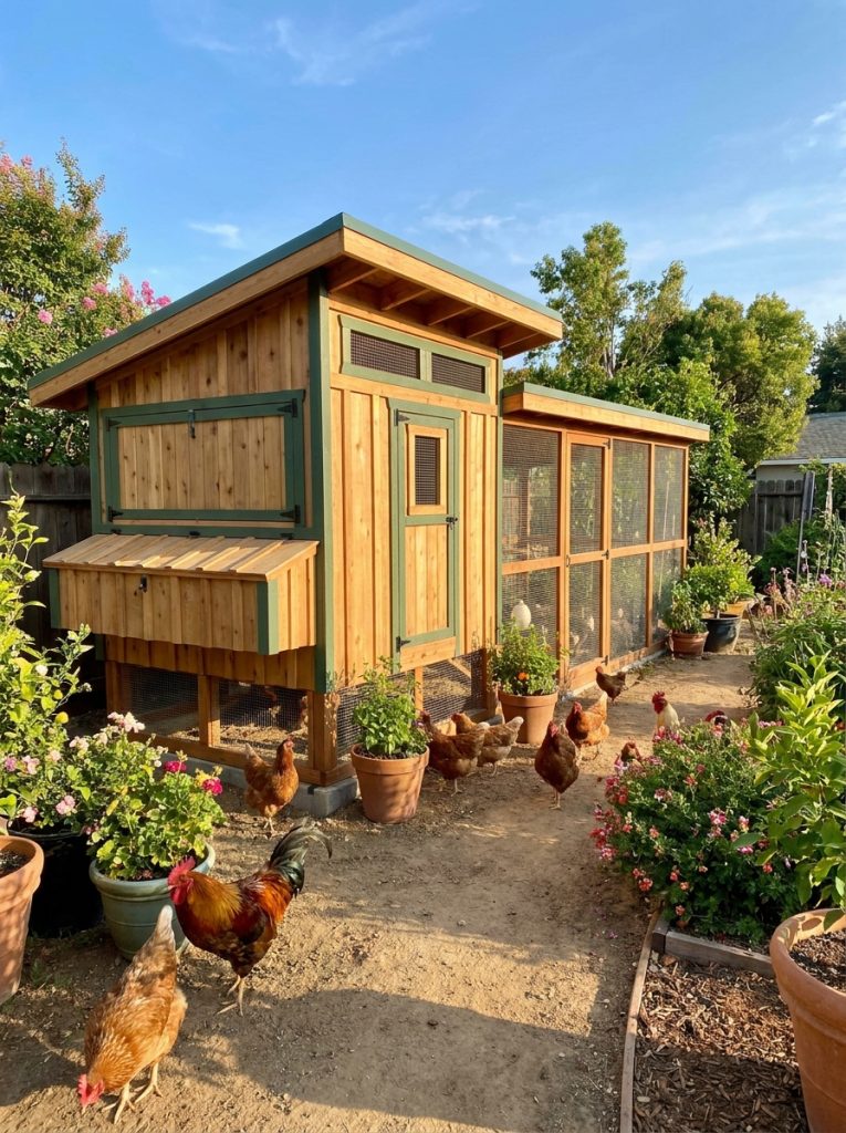 Large DIY chicken coop built for 20 chickens with multiple nesting boxes and wire run in sunny backyard