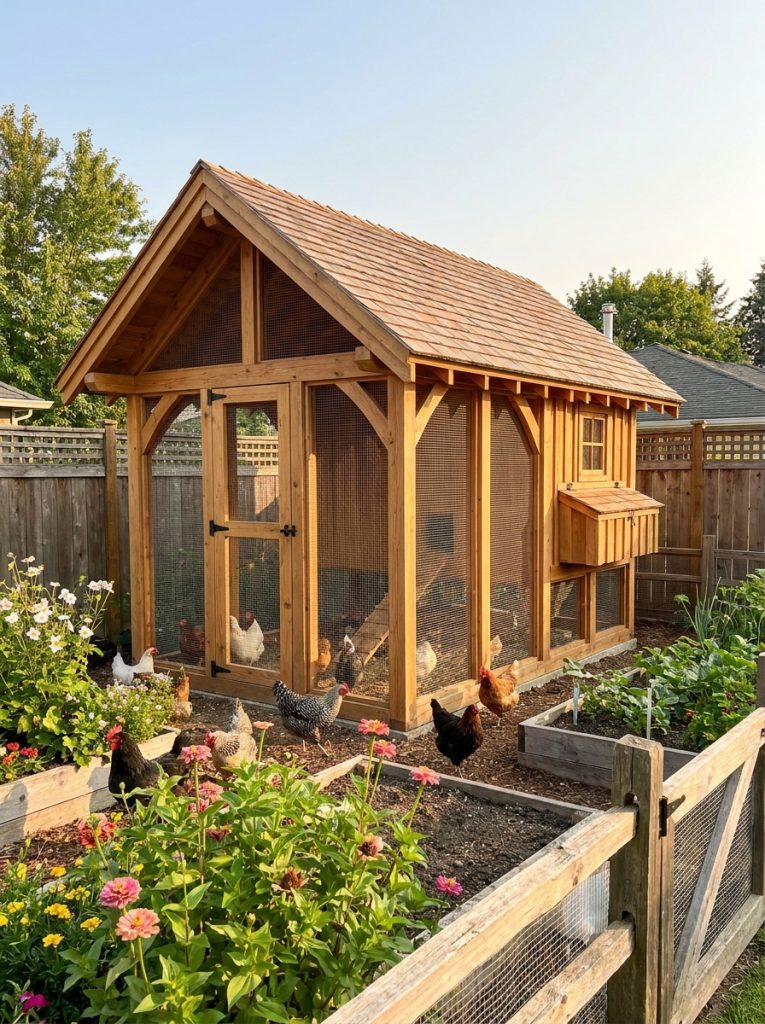  Well-built 8x8 DIY chicken coop with pitched roof and large attached chicken run in sunny backyard