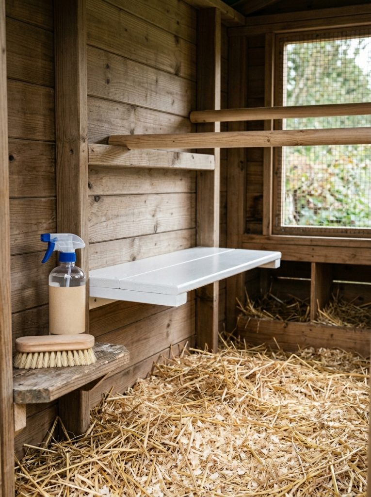 Clean chicken coop interior after deep clean with cleaning supplies and fresh bedding