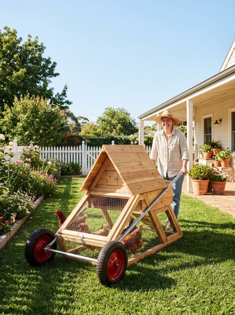 DIY mobile chicken coop on wheels with chickens in run underneath in sunny backyard