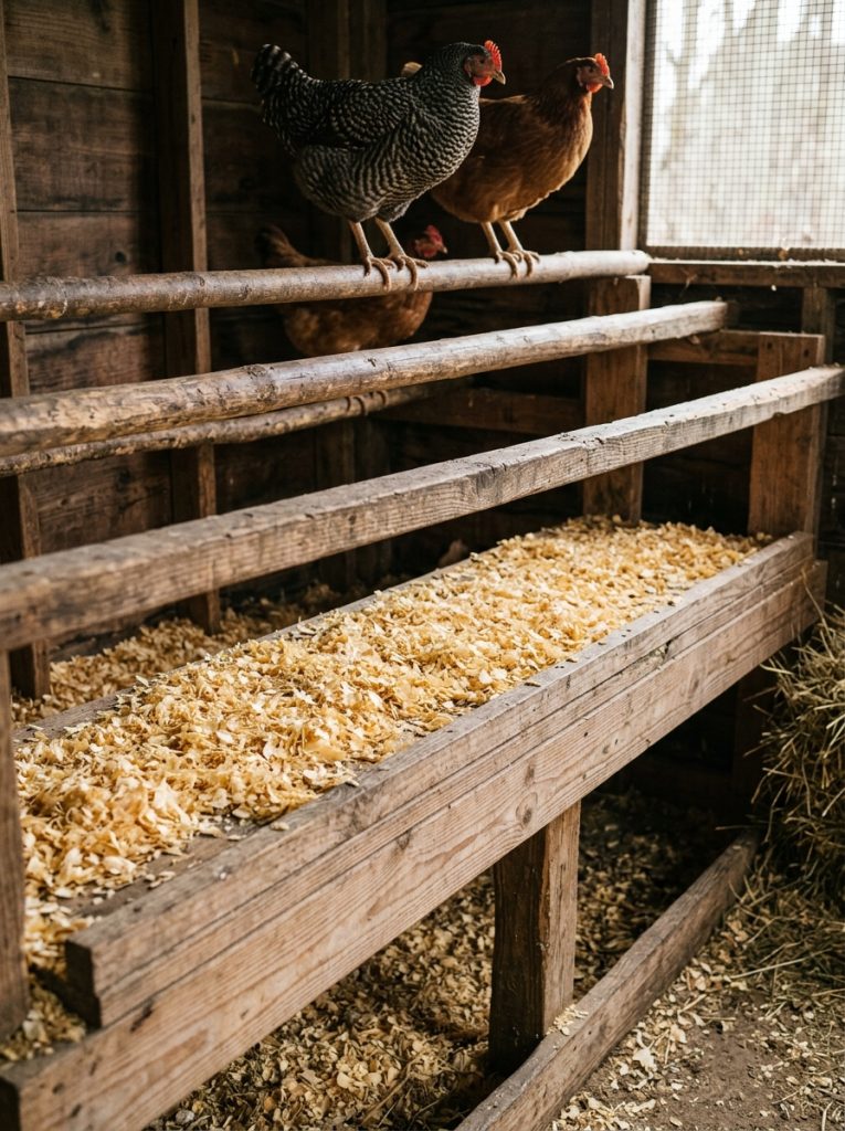 Fresh pine shavings bedding on chicken coop poop shelf below roosting bars