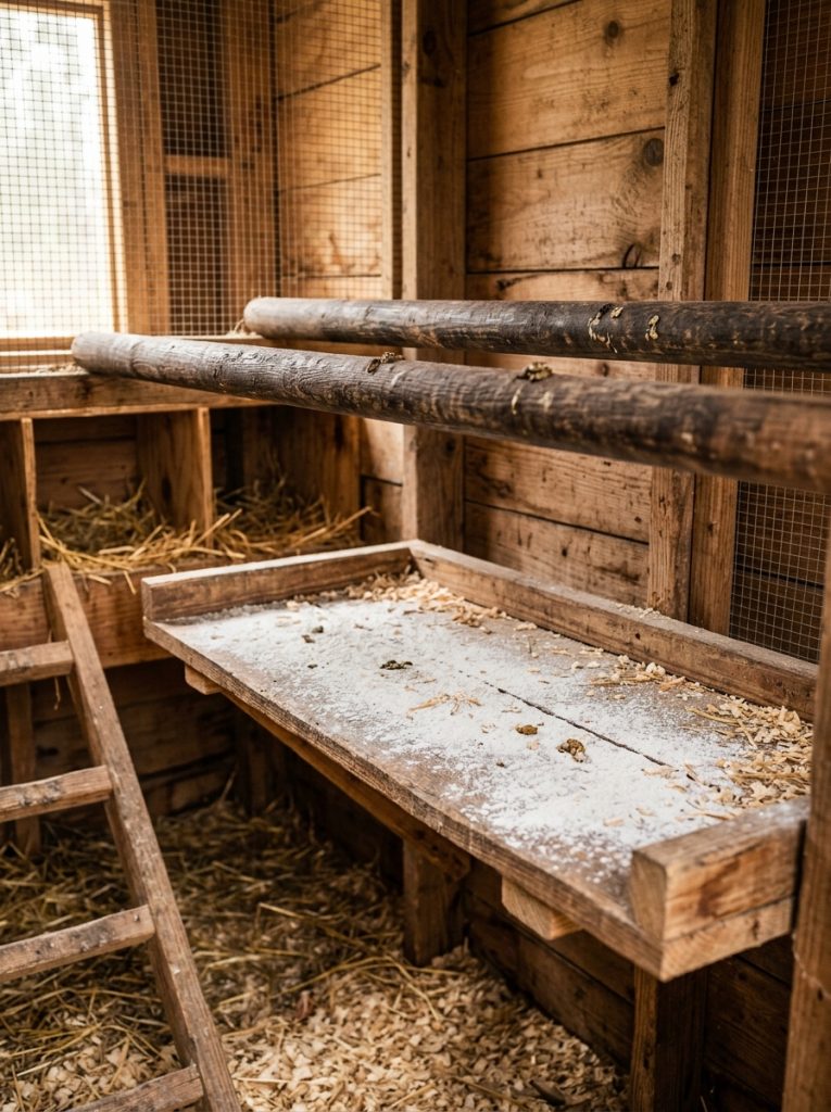 Chicken coop poop shelf with PDZ powder dusted across surface for odor control