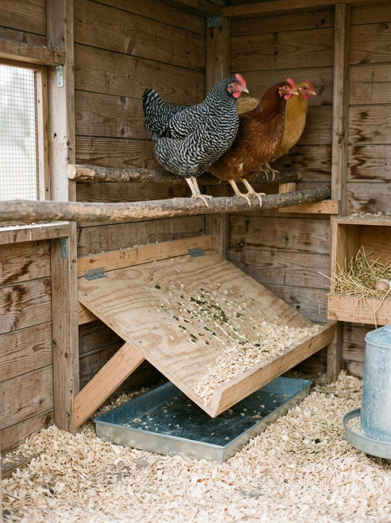 Corner roosting bar with angled poop shelf directing droppings to front edge coop