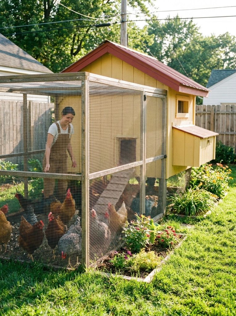 Complete DIY chicken coop with attached wire mesh chicken run and chickens ranging inside