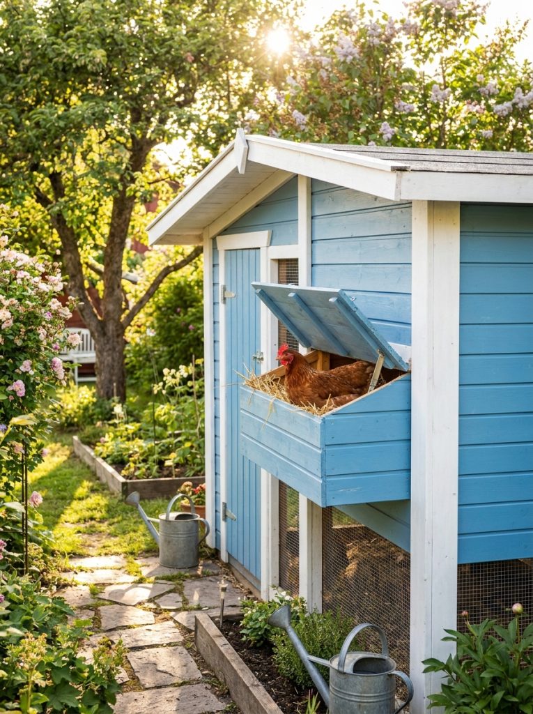 DIY wooden chicken coop with external nesting boxes hinged lid open showing straw inside