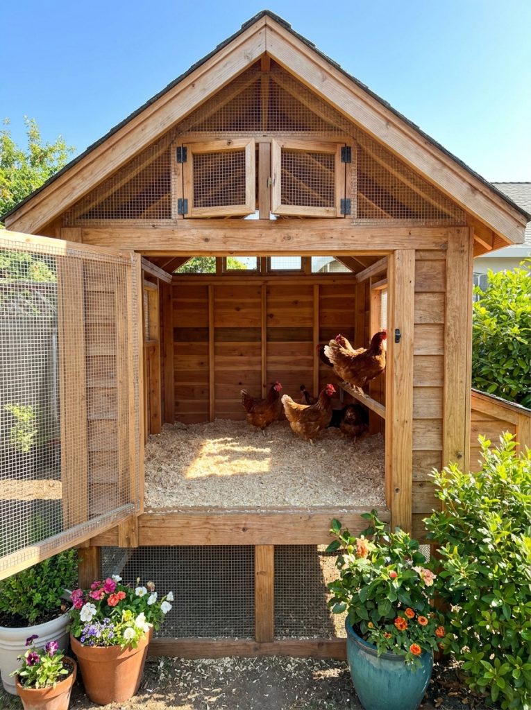 Simple chicken coop with ventilation windows near roofline covered in hardware cloth in sunny backyard