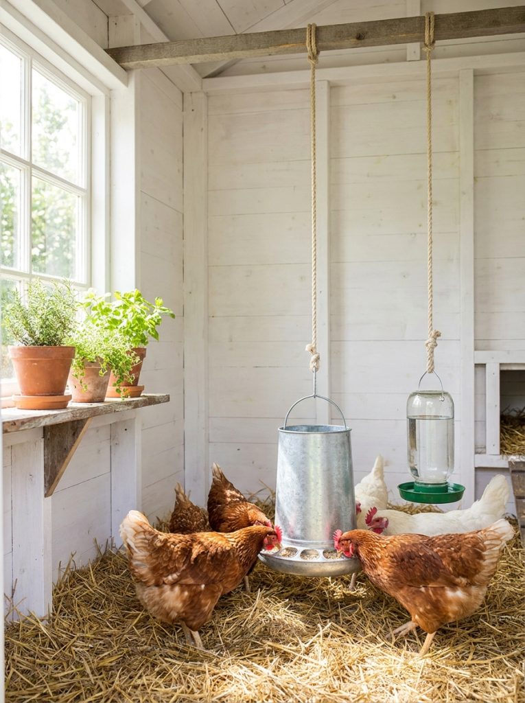 Neat chicken coop interior with hanging feeder waterer and chickens eating in clean organized space