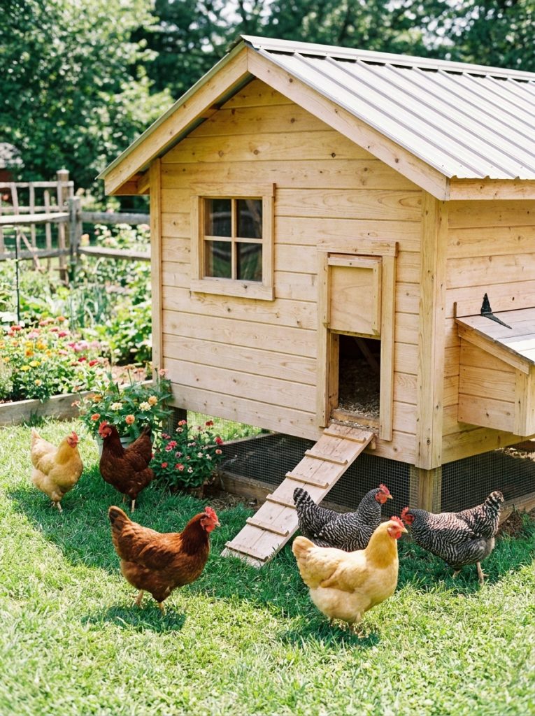 Neat simple wooden chicken coop sized for 6 chickens with pop door in sunny green backyard
