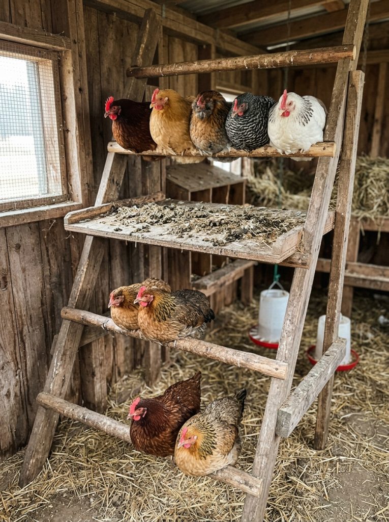 Ladder style roosting bars with graduated poop shelf below highest roosting level