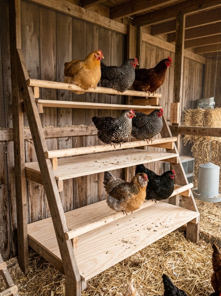 Multi-level chicken roosting bars with poop shelves below each level in coop