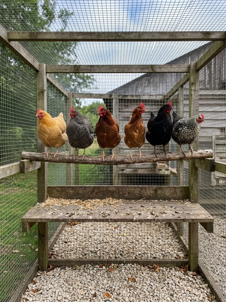 Outdoor chicken run wooden roost bar with wide poop shelf below on gravel ground