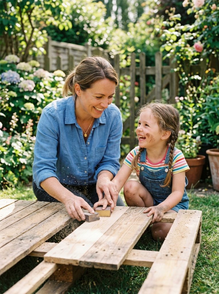 Parent and child sanding wooden pallet together with sandpaper in sunny backyard garden