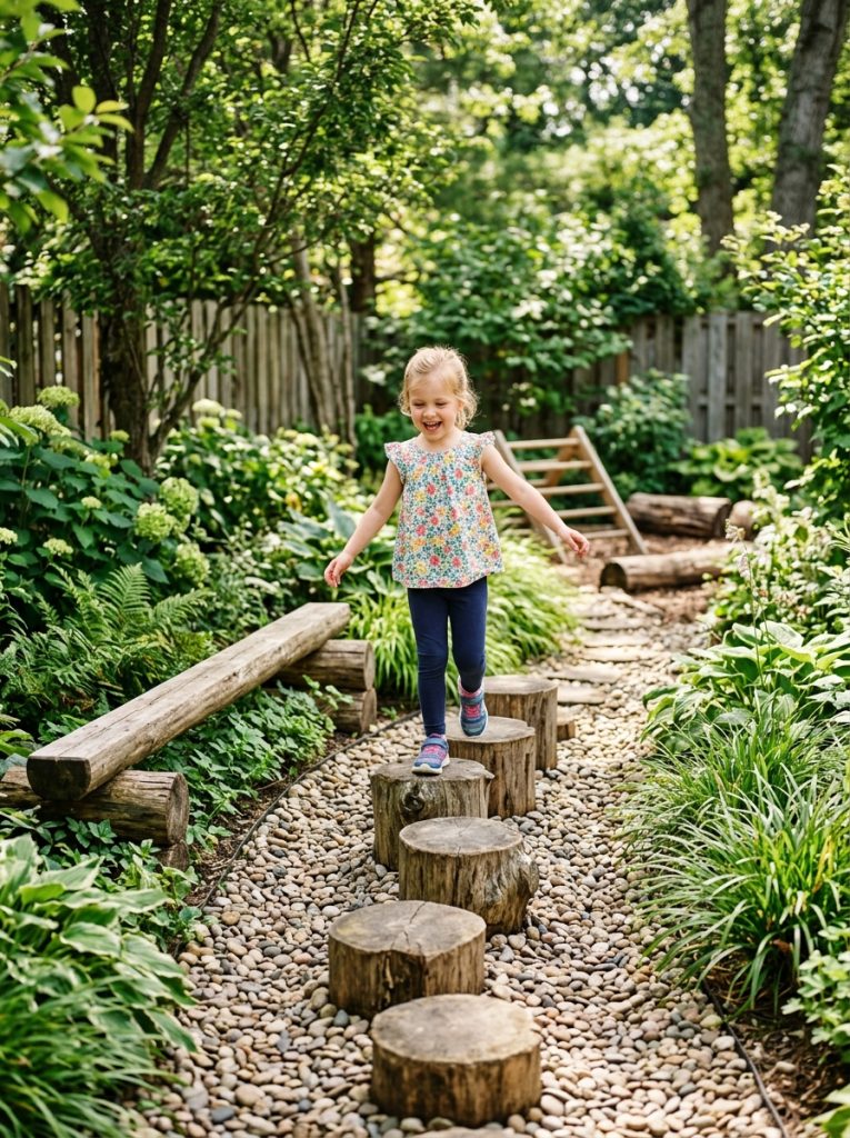 Natural kids outdoor play area with tree stumps stepping stones and log balance beam