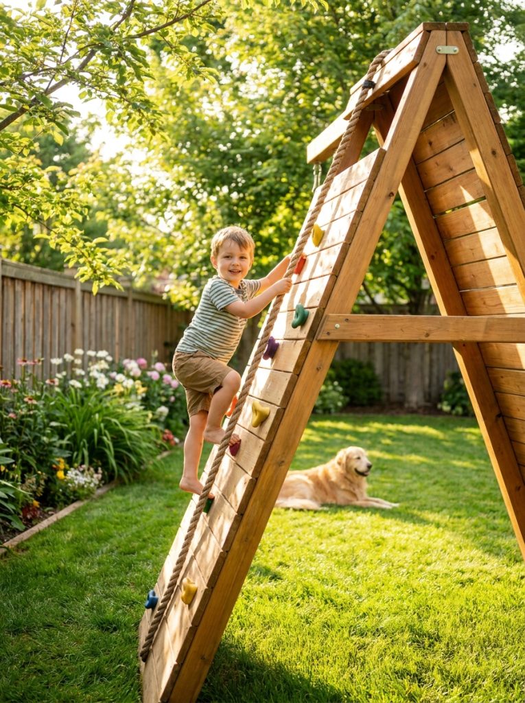 DIY outdoor kids climbing frame with rope ladder and climbing wall in sunny backyard