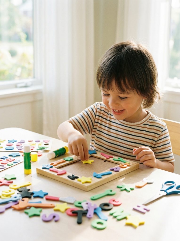 Child decorating wooden photo frame with colorful foam stickers for fathers day craft