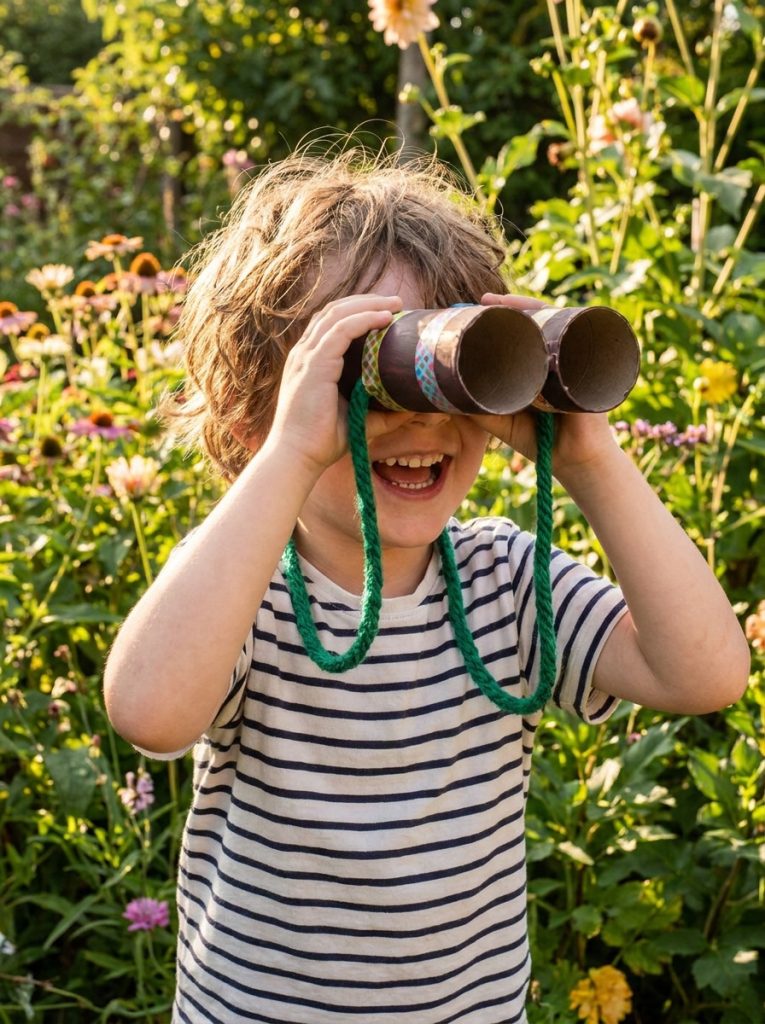 DIY toilet roll binoculars painted brown taped together with yarn strap worn by child exploring garden