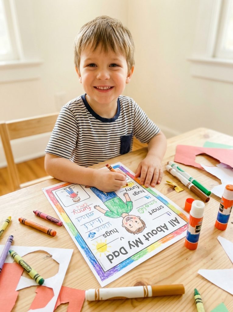 Child filling out colorful all about my dad worksheet with crayons and markers