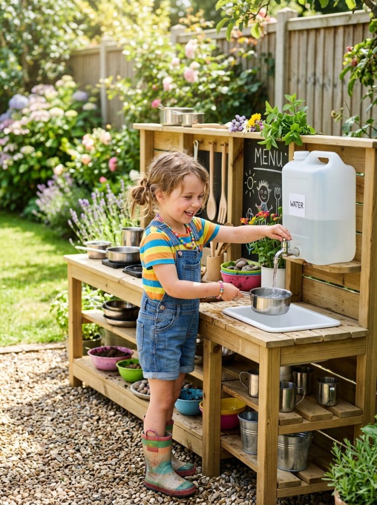 Outdoor mud kitchen with water tap station and child filling pot with water in garden