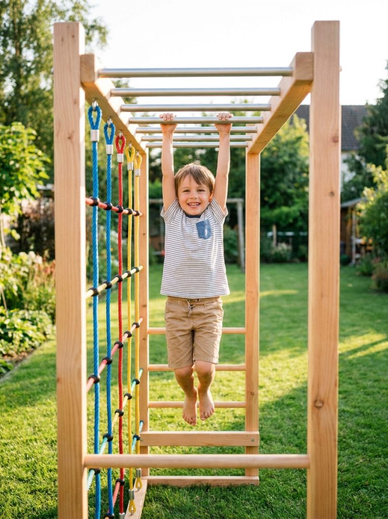 DIY wooden kids climbing frame with metal monkey bars in sunny green backyard