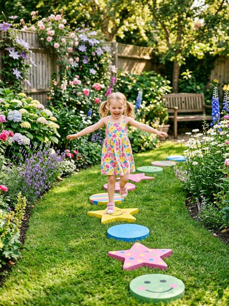 Colorful DIY painted stepping stones play path for kids in bright green backyard