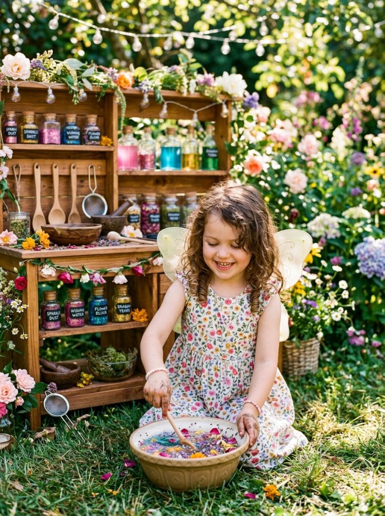 Fairy potion mud kitchen with labeled jars flower petals glitter and colored water bottles