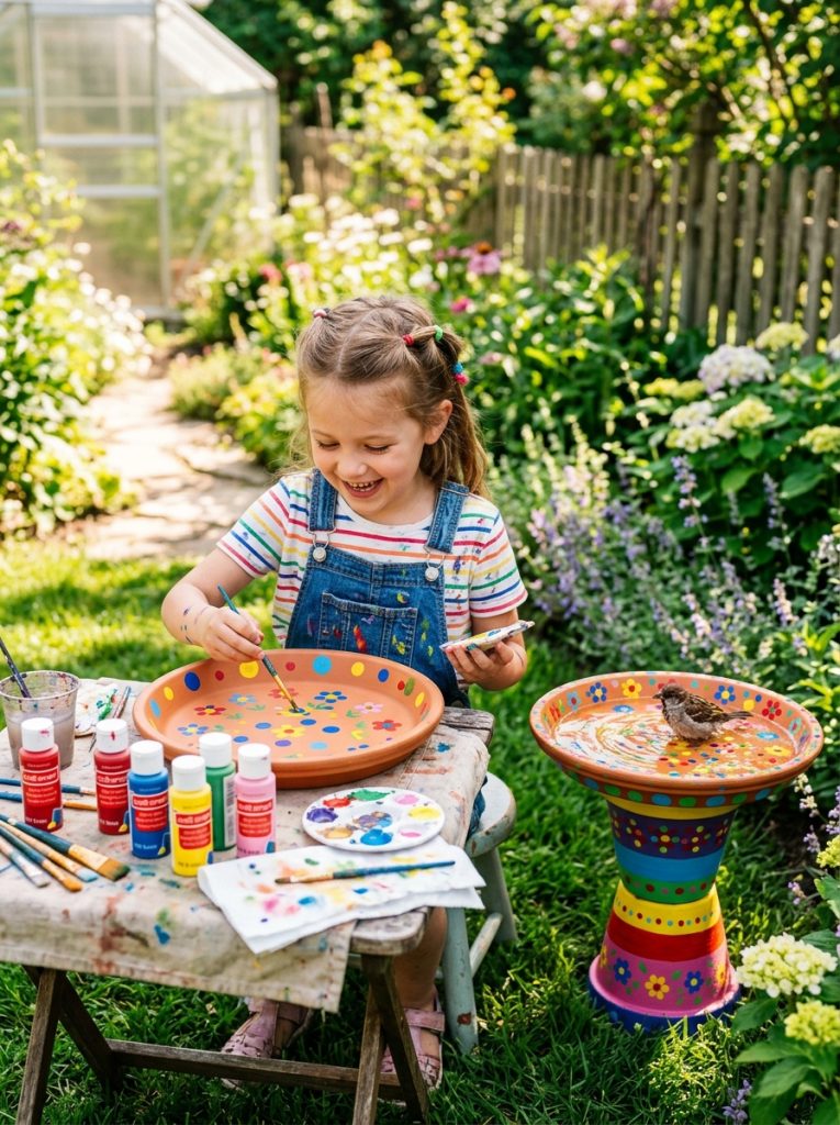 Child painting colorful dots on terracotta saucer for dollar store kids DIY bird bath project