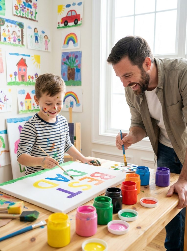 Child painting colorful Best Dad canvas art at bright craft table with acrylic paints