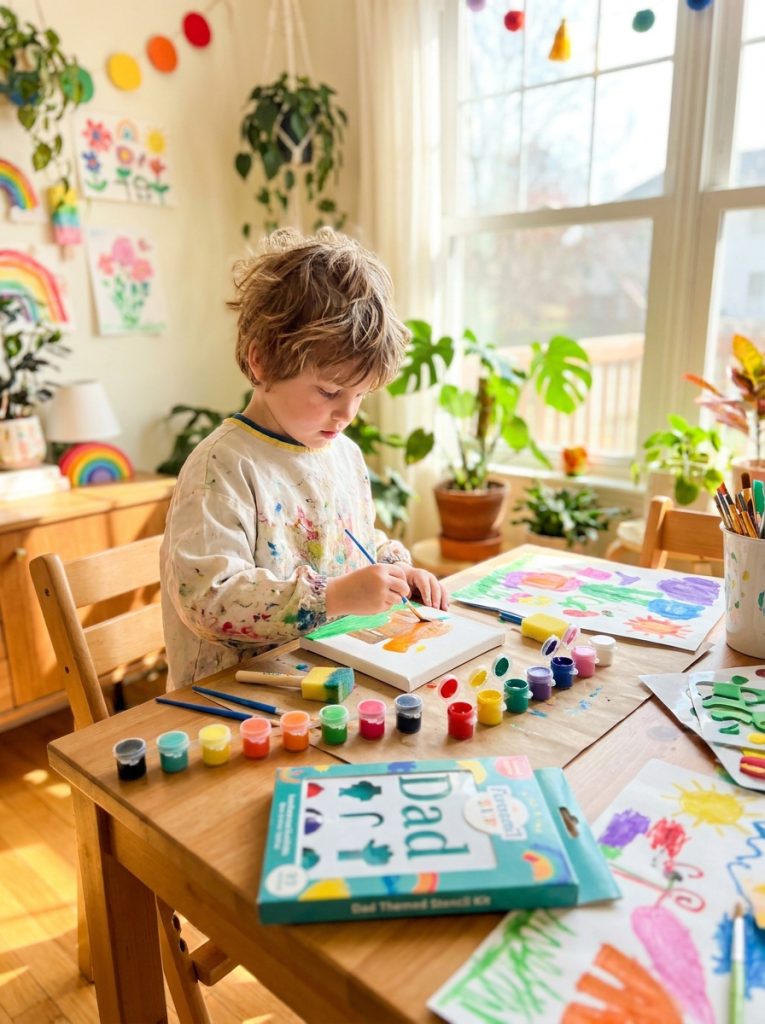 Child working on canvas painting fathers day craft at bright cheerful craft table with paints