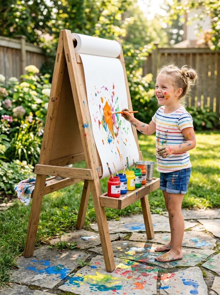 Kids outdoor art station with tall wooden easel and colorful paint pots in sunny backyard