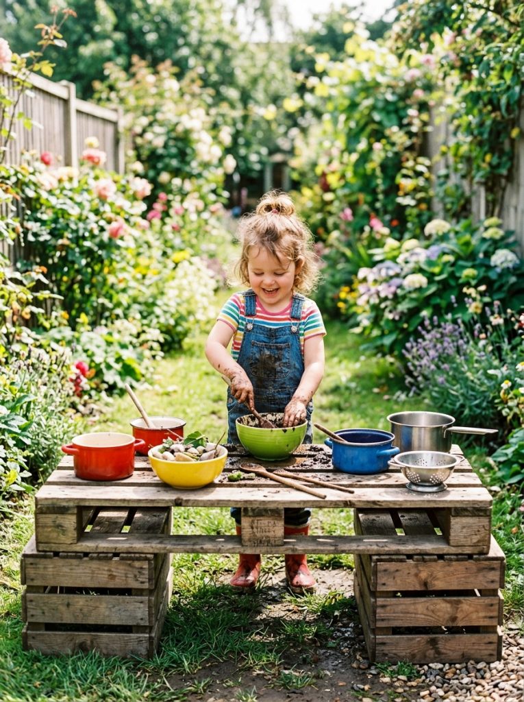 Simple no-tools mud kitchen from single pallet on wooden crates with child playing