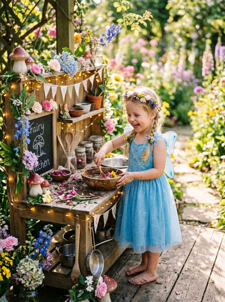 Magical fairy themed mud kitchen with fairy lights figurines mushrooms and flowers for kids