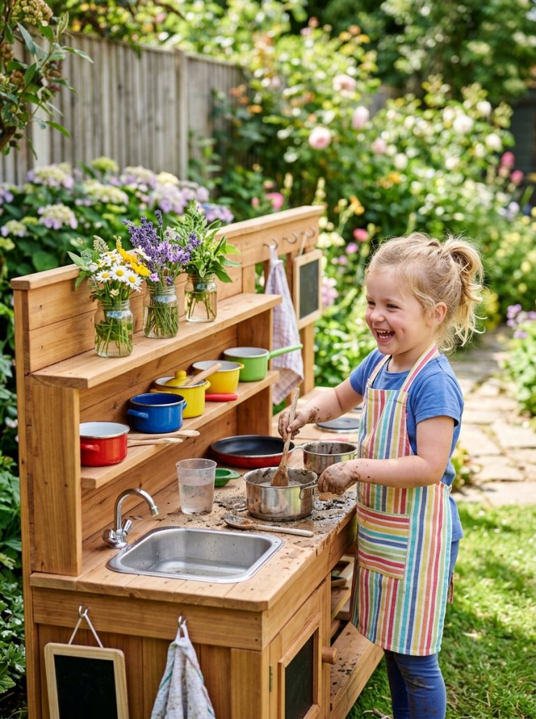 Wooden outdoor mud kitchen for kids with sink pots and child playing in sunny garden