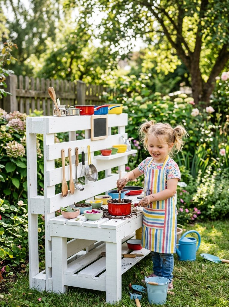 Simple DIY pallet mud kitchen in sunny backyard with child playing with pots and pans
