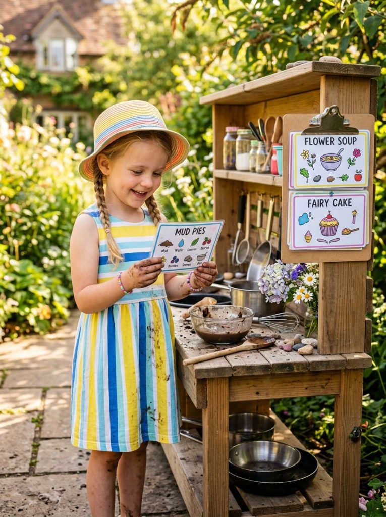 Mud kitchen with weatherproof recipe book station clipboard and laminated picture recipe cards