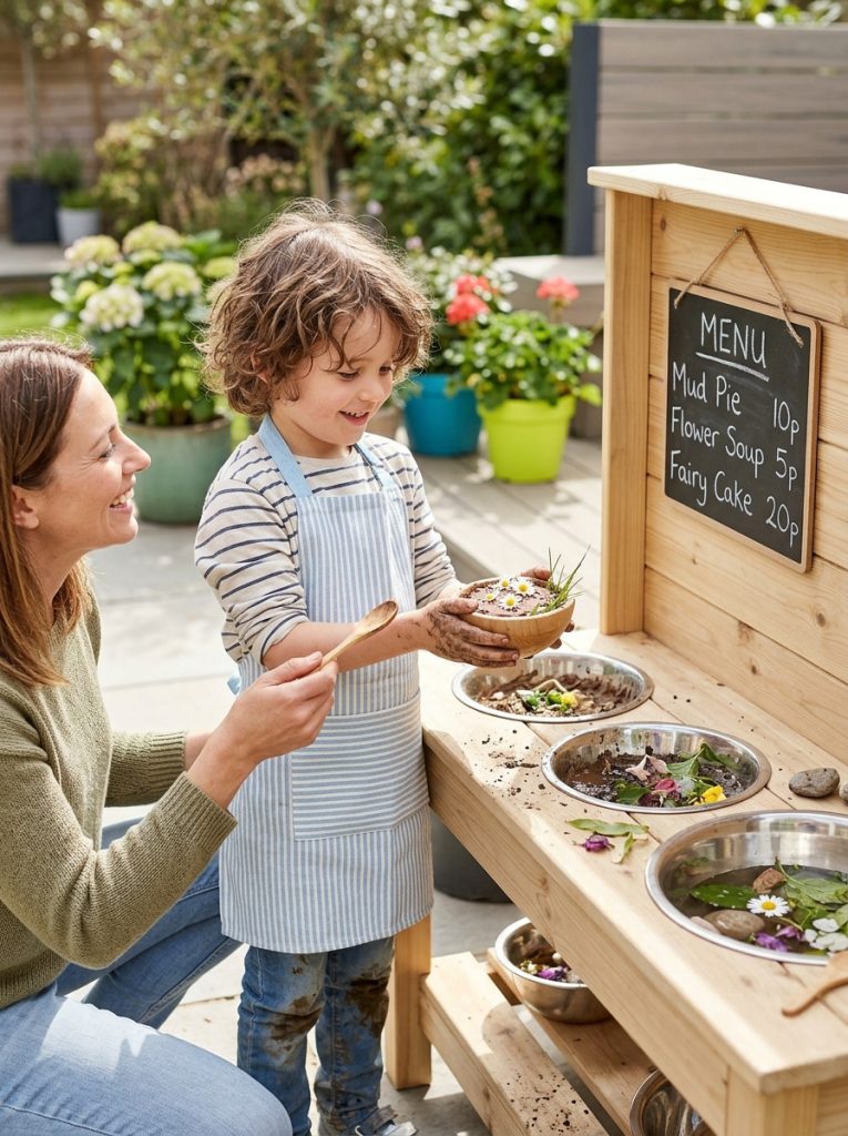 Mud kitchen with chalkboard menu board showing prices and child in apron serving customer