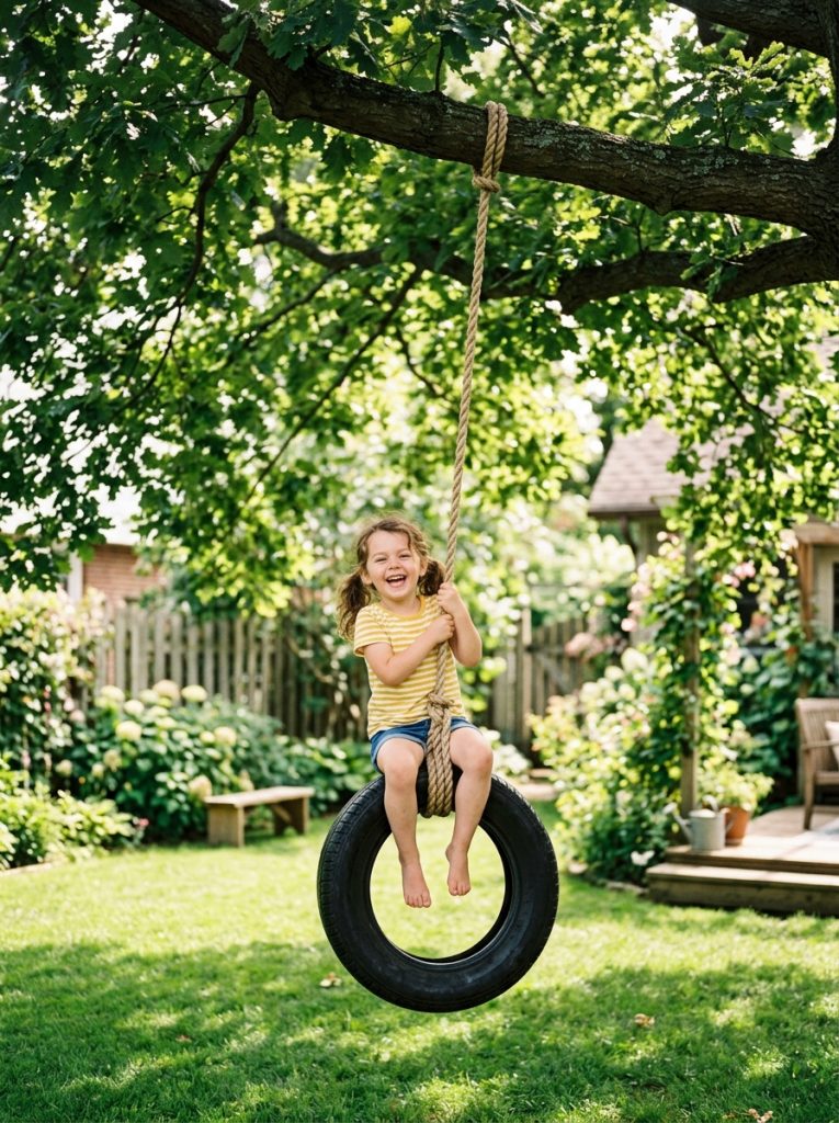 DIY tire swing hanging from large backyard tree with child swinging and laughing