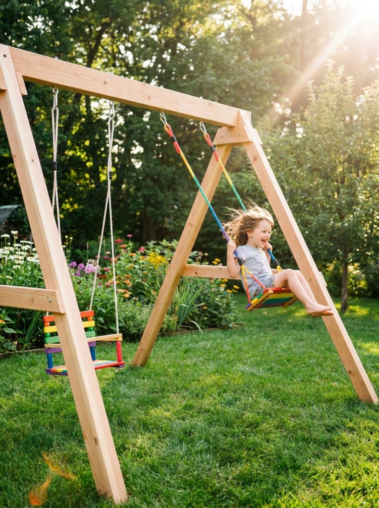 Simple DIY wooden swing set with colorful swings in sunny lush backyard