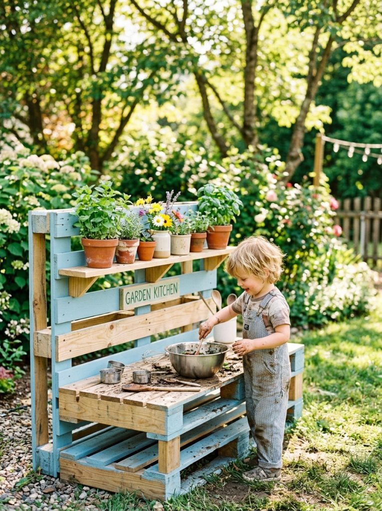 DIY pallet mud kitchen with small herb pots mint basil and flowers on upper shelf