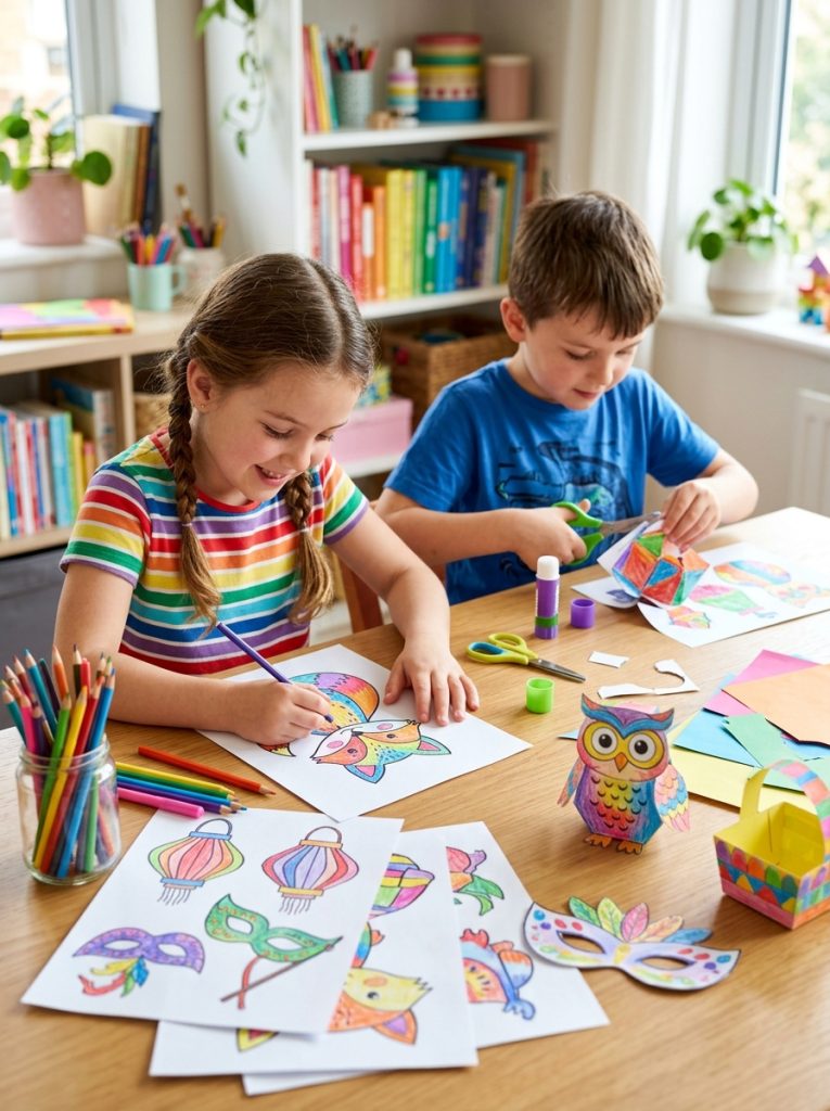 Children coloring printed craft templates before cutting assembling into finished colored creations in cheerful two-stage craft session